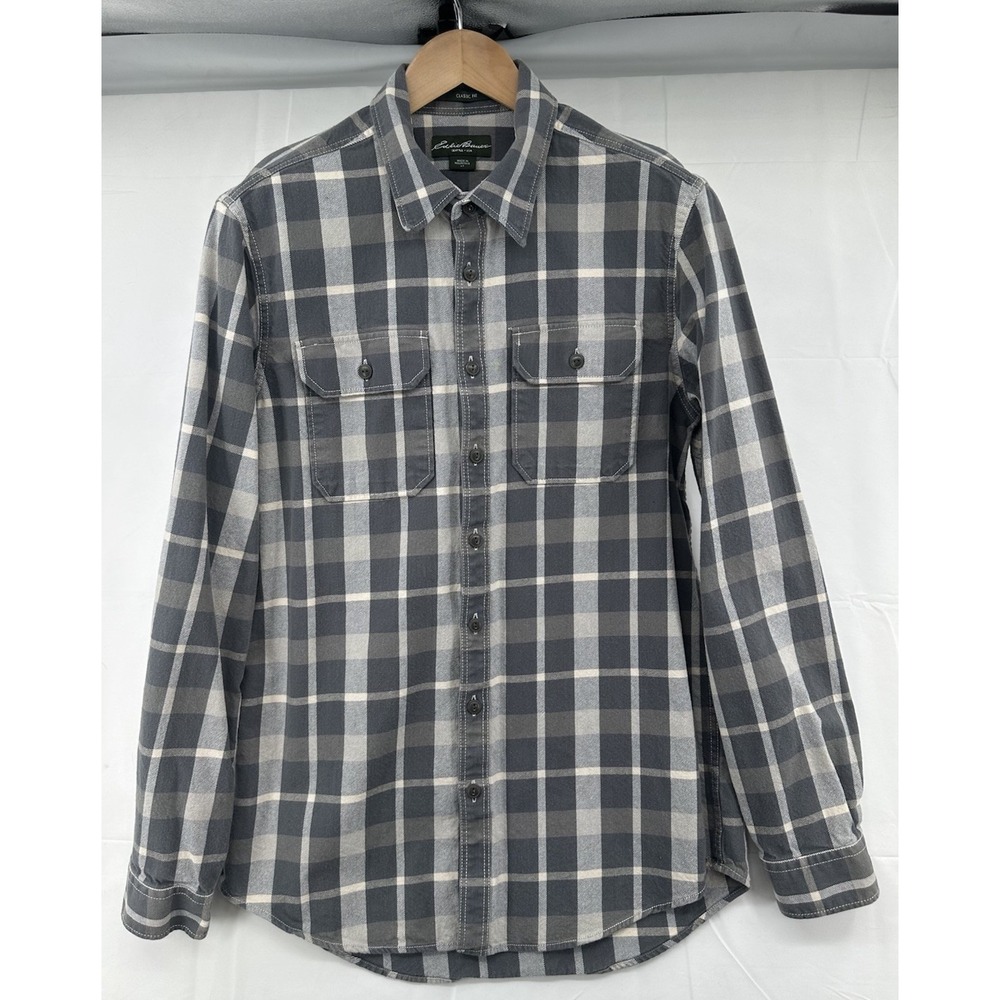 EDDIE BAUER Classic Men's Classic Fit Gray Blue Buffalo Check Flannel Shirt LT‎